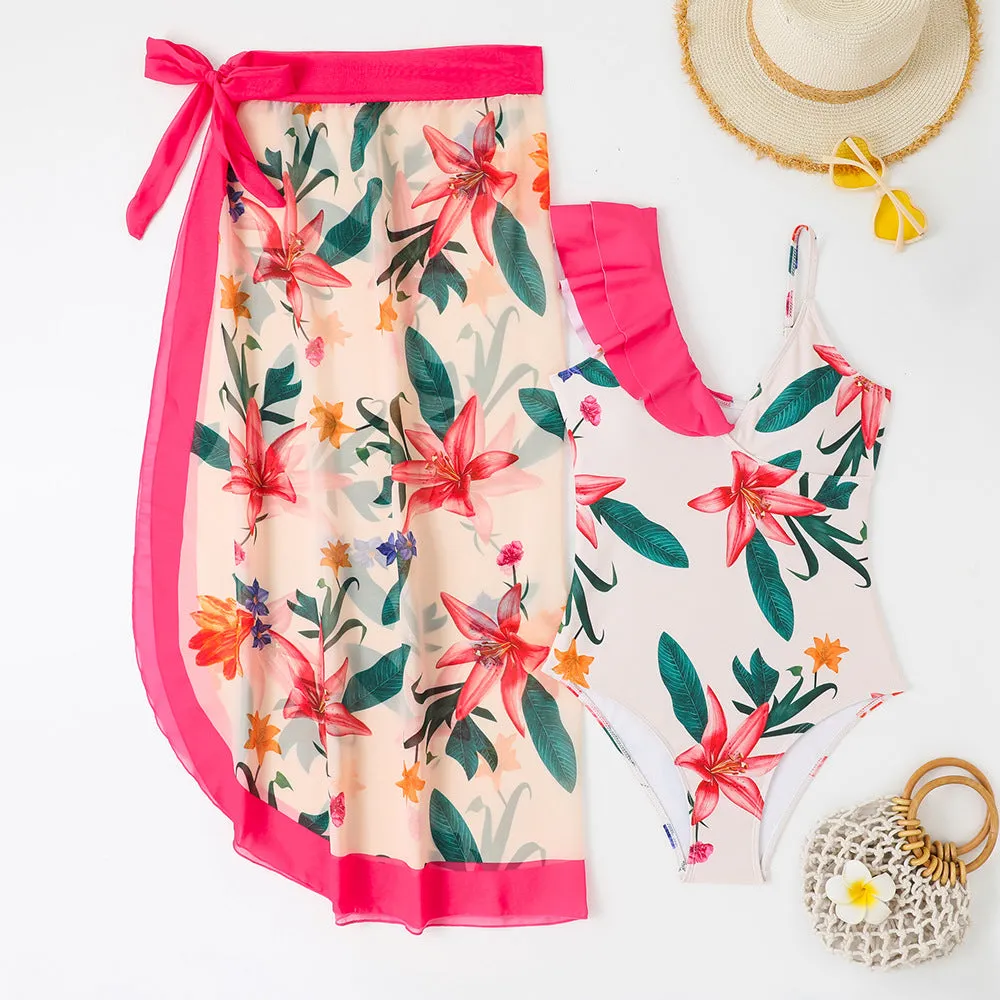 Mother-Daughter Red Flower Print Matching One-Piece Swimsuit with Skirt Set