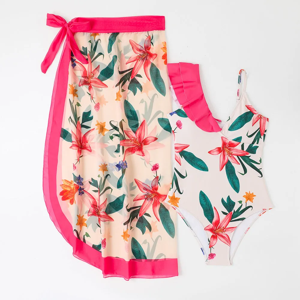 Mother-Daughter Red Flower Print Matching One-Piece Swimsuit with Skirt Set
