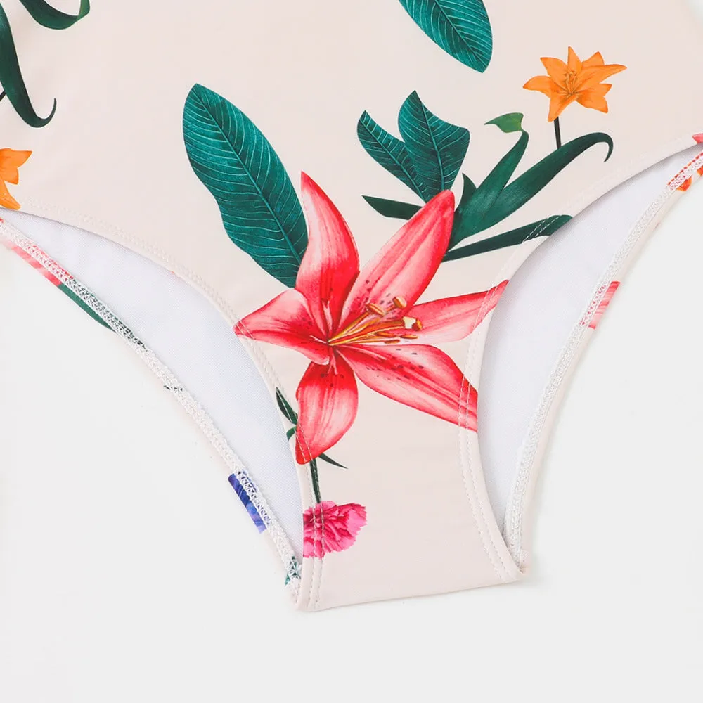 Mother-Daughter Red Flower Print Matching One-Piece Swimsuit with Skirt Set