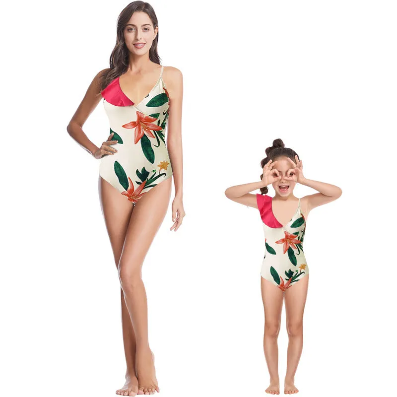 Mother-Daughter Red Flower Print Matching One-Piece Swimsuit with Skirt Set