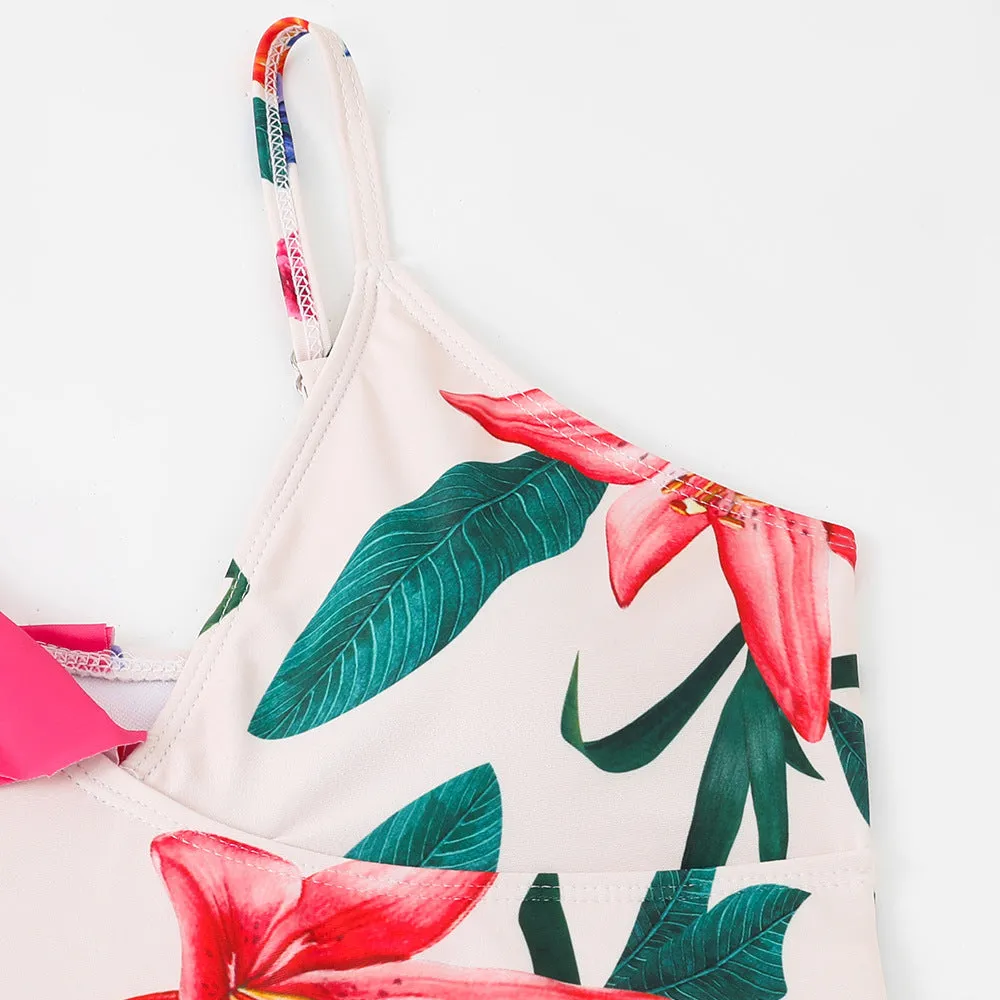 Mother-Daughter Red Flower Print Matching One-Piece Swimsuit with Skirt Set