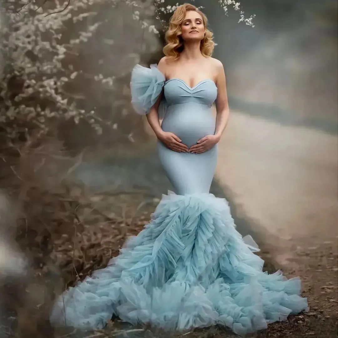 MQTIME  -  Elegant Mermaid Maternity Photography Dresses for Pregnant Woman Ruffled Tulle Chic Sleeves Maternity Dress Photoshoot Custom