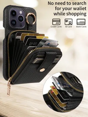 Multifunctional Zipper Closure Accordion Card Holder Wallet Style Pu Leather Phone Case Compatible With Apple