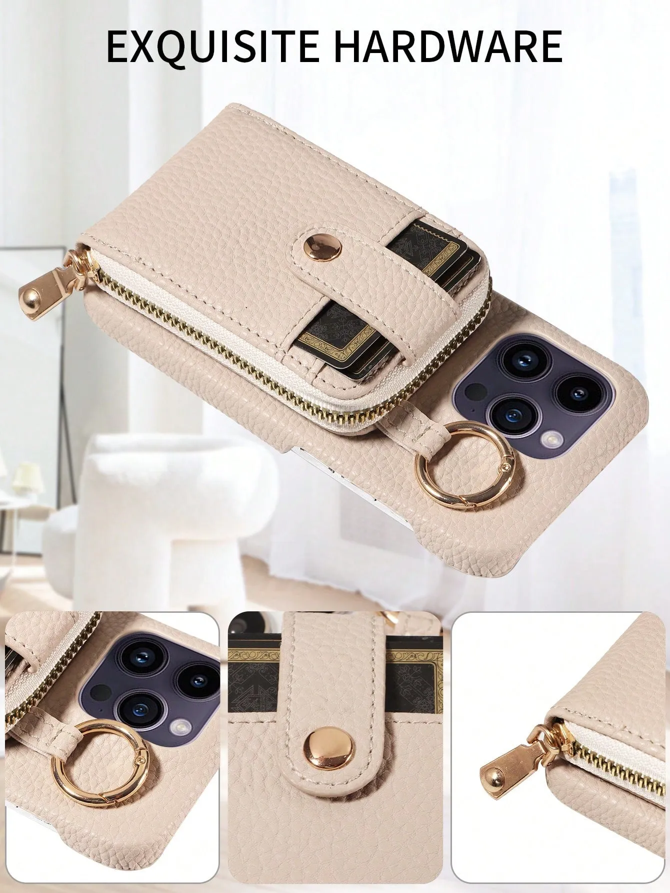 Multifunctional Zipper Closure Accordion Card Holder Wallet Style Pu Leather Phone Case Compatible With Apple