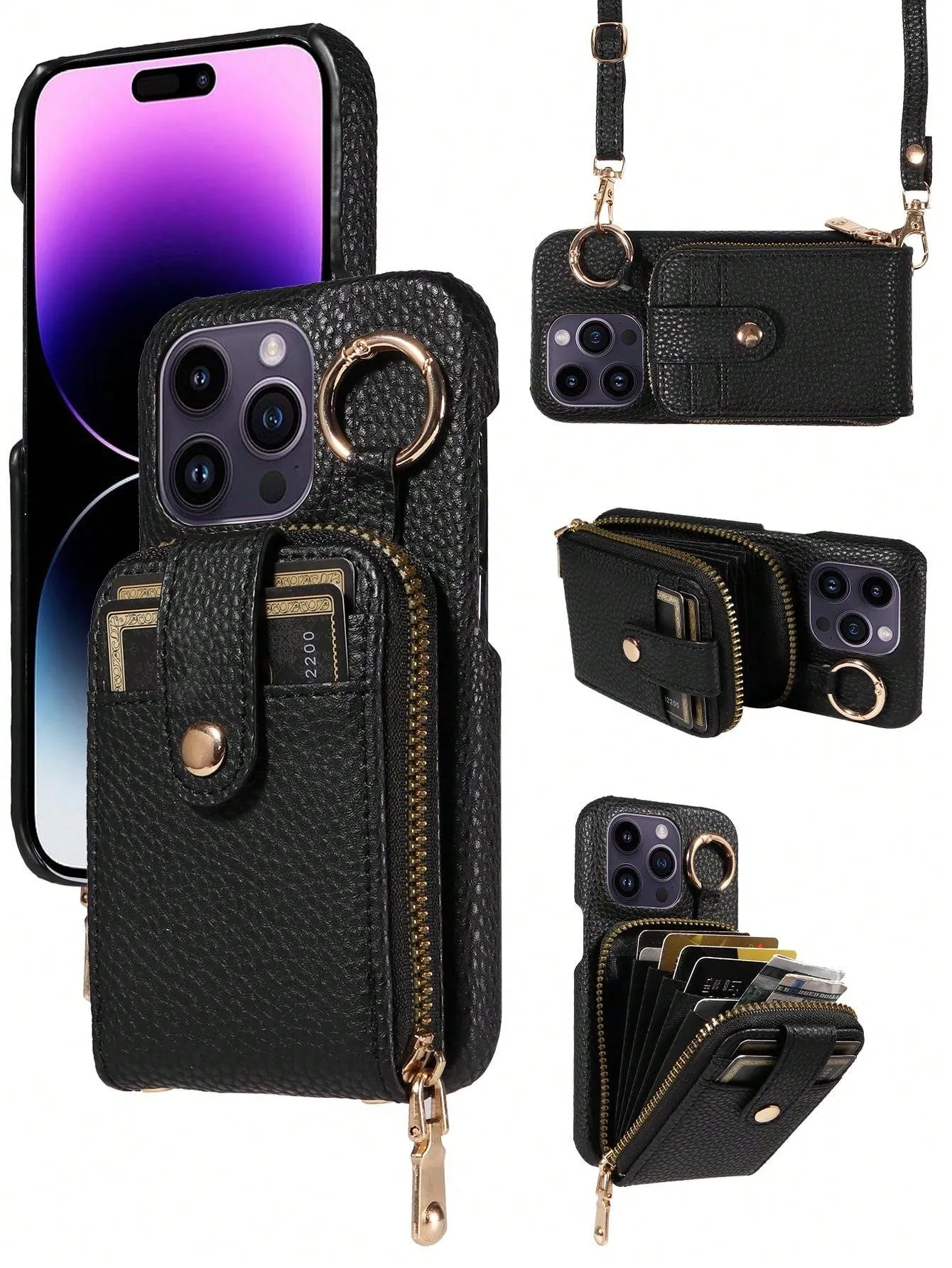 Multifunctional Zipper Closure Accordion Card Holder Wallet Style Pu Leather Phone Case Compatible With Apple