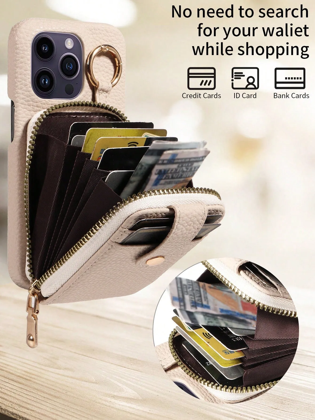 Multifunctional Zipper Closure Accordion Card Holder Wallet Style Pu Leather Phone Case Compatible With Apple