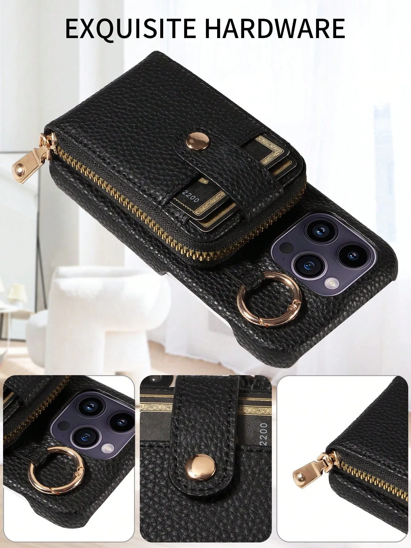 Multifunctional Zipper Closure Accordion Card Holder Wallet Style Pu Leather Phone Case Compatible With Apple