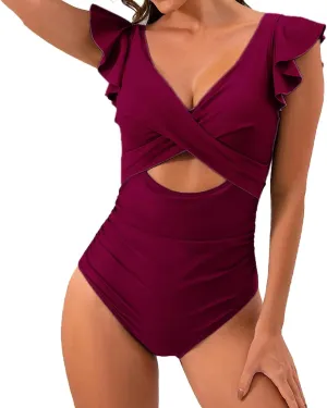 Muyise Women's One Piece Swimsuit Ruffle Cutout Bathing Suits Slimming Tummy Control V Neck Wrap High Waisted Swimwear