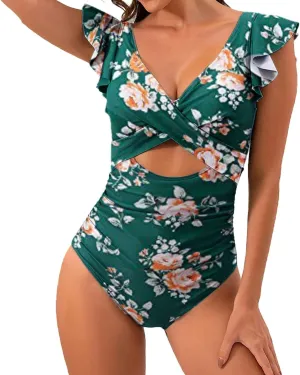 Muyise Women's One Piece Swimsuit Ruffle Cutout Bathing Suits Slimming Tummy Control V Neck Wrap High Waisted Swimwear