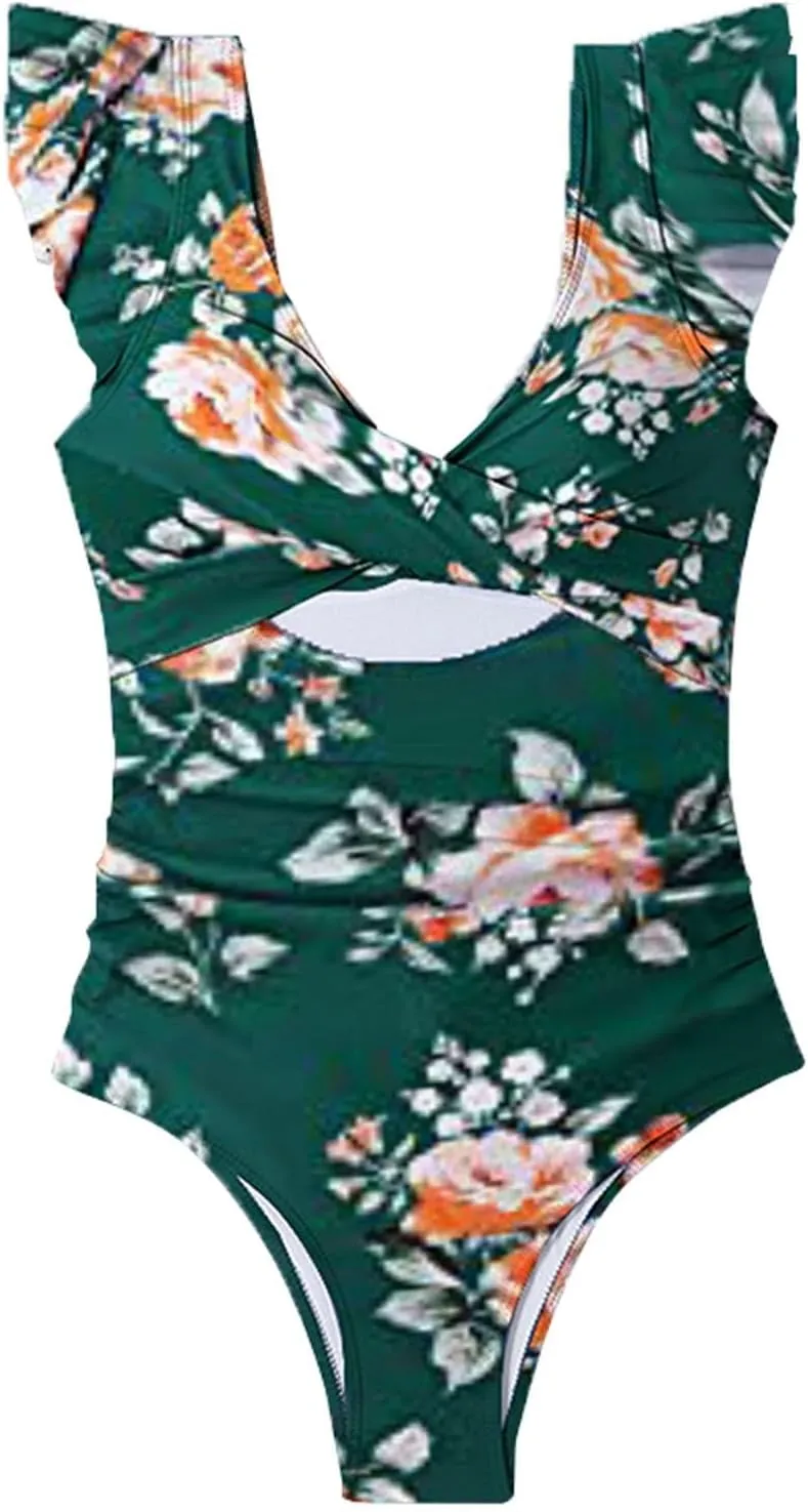 Muyise Women's One Piece Swimsuit Ruffle Cutout Bathing Suits Slimming Tummy Control V Neck Wrap High Waisted Swimwear