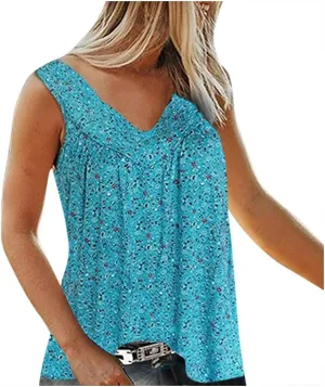 Mzkdieey Summer Tank Tops for Women Sleeveless Pleated Front V Neck Shirts Plus Size Flowy Cute Tee Tops Loose Fit Blouses