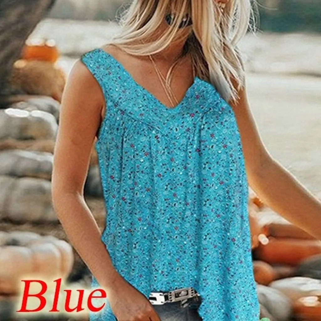 Mzkdieey Summer Tank Tops for Women Sleeveless Pleated Front V Neck Shirts Plus Size Flowy Cute Tee Tops Loose Fit Blouses