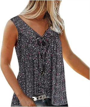 Mzkdieey Summer Tank Tops for Women Sleeveless Pleated Front V Neck Shirts Plus Size Flowy Cute Tee Tops Loose Fit Blouses