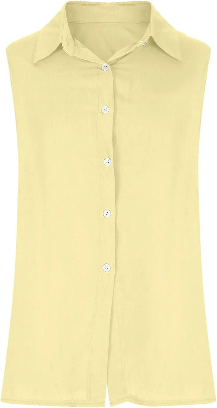 Mzkdieey Women's Sleeveless Button Down Shirts V Neck Collared Cotton Linen Blouse Solid Loose Tank Tops Business Work Shirt