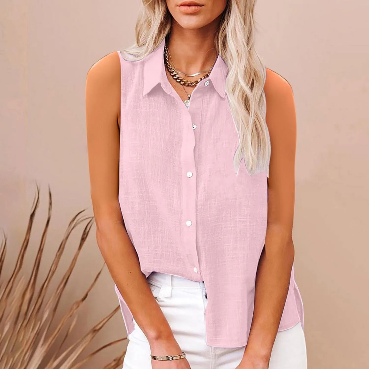 Mzkdieey Women's Sleeveless Button Down Shirts V Neck Collared Cotton Linen Blouse Solid Loose Tank Tops Business Work Shirt