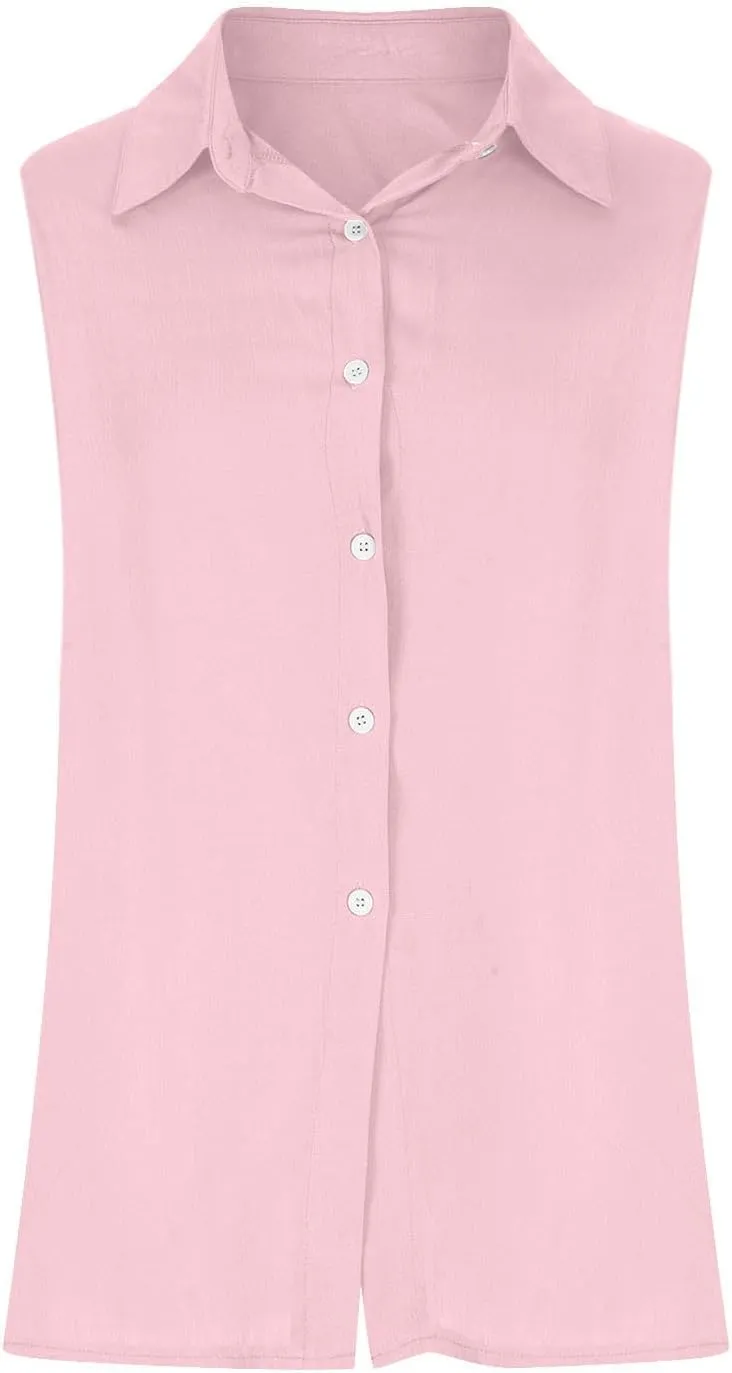 Mzkdieey Women's Sleeveless Button Down Shirts V Neck Collared Cotton Linen Blouse Solid Loose Tank Tops Business Work Shirt
