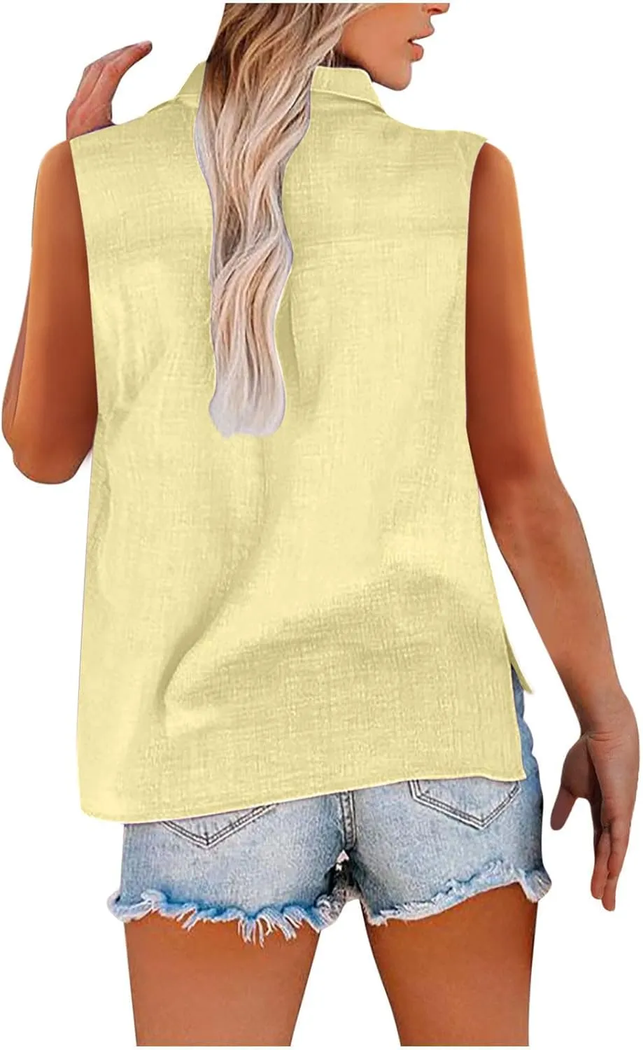 Mzkdieey Women's Sleeveless Button Down Shirts V Neck Collared Cotton Linen Blouse Solid Loose Tank Tops Business Work Shirt