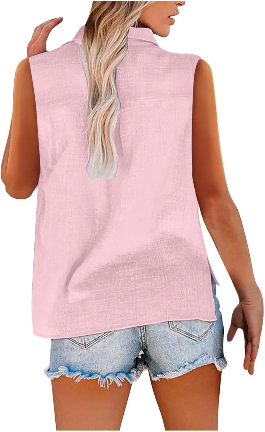 Mzkdieey Women's Sleeveless Button Down Shirts V Neck Collared Cotton Linen Blouse Solid Loose Tank Tops Business Work Shirt