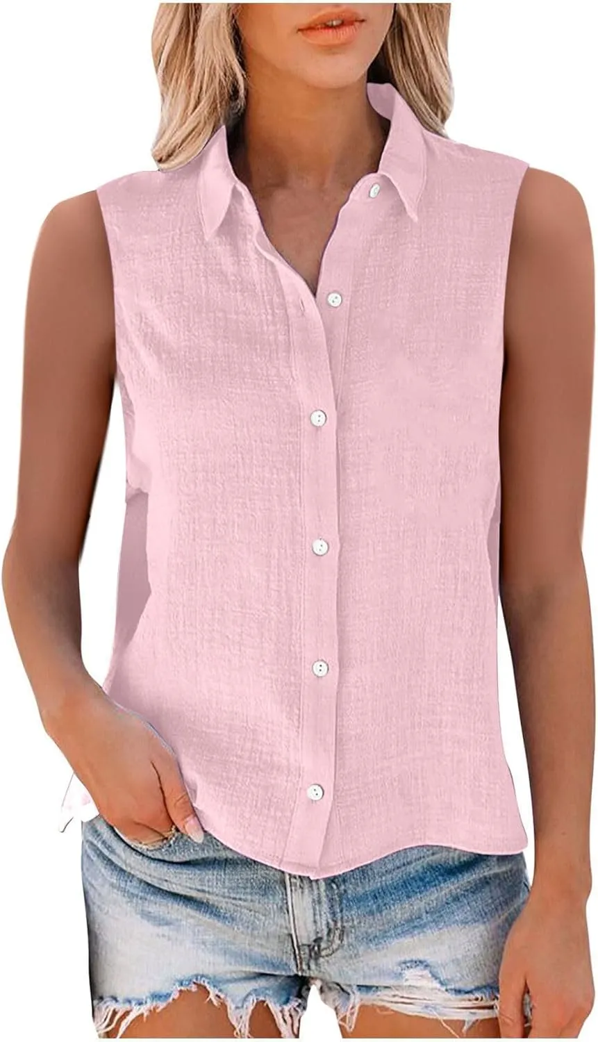 Mzkdieey Women's Sleeveless Button Down Shirts V Neck Collared Cotton Linen Blouse Solid Loose Tank Tops Business Work Shirt