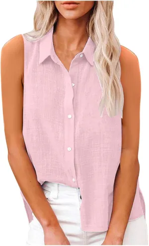 Mzkdieey Women's Sleeveless Button Down Shirts V Neck Collared Cotton Linen Blouse Solid Loose Tank Tops Business Work Shirt