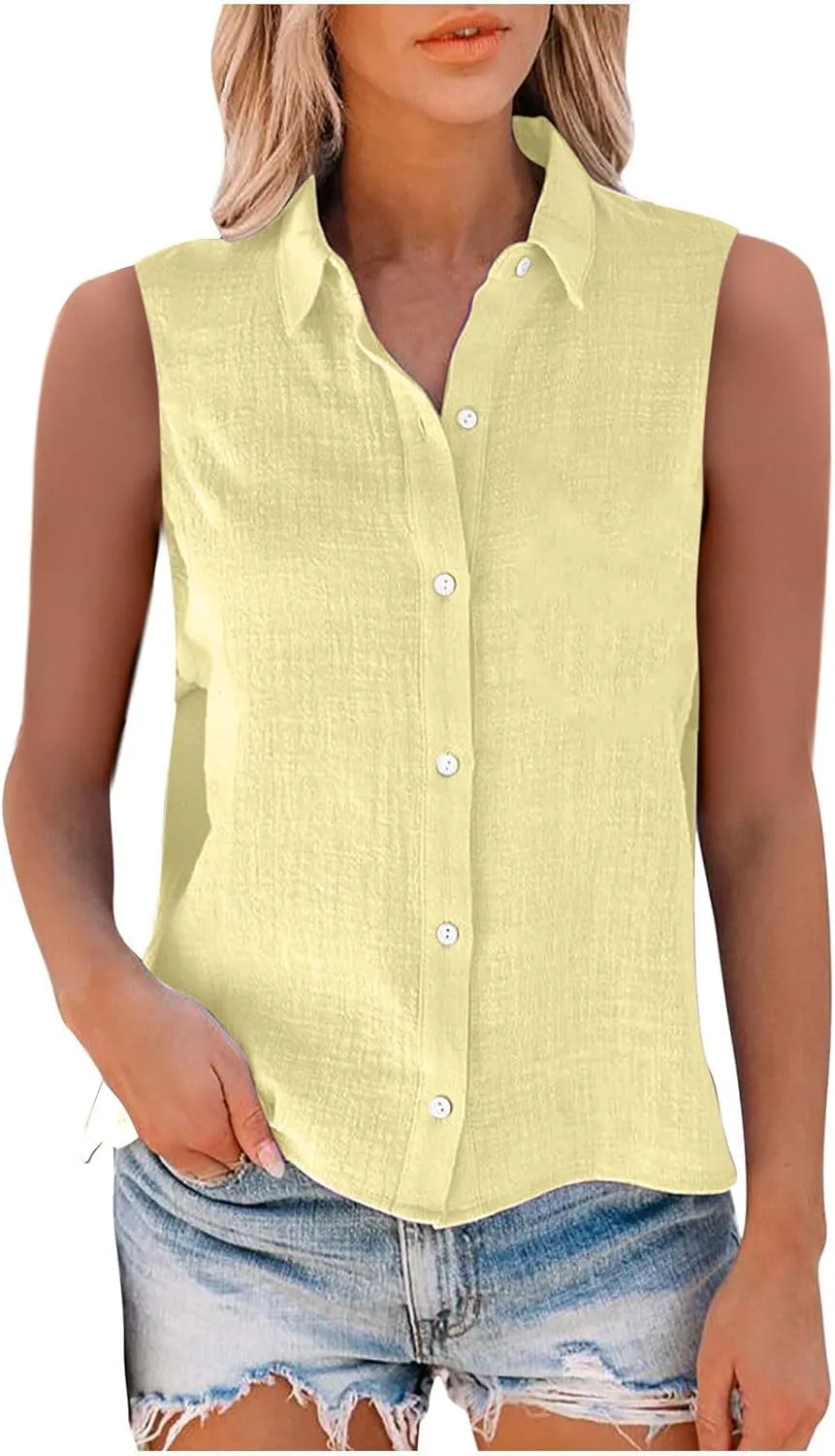 Mzkdieey Women's Sleeveless Button Down Shirts V Neck Collared Cotton Linen Blouse Solid Loose Tank Tops Business Work Shirt