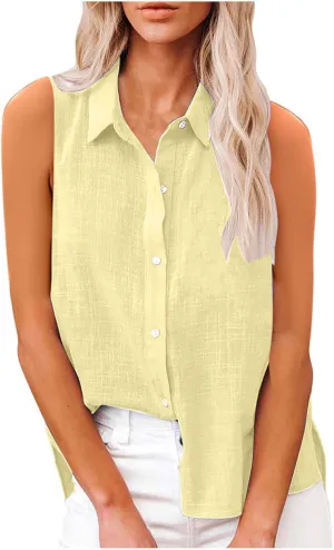 Mzkdieey Women's Sleeveless Button Down Shirts V Neck Collared Cotton Linen Blouse Solid Loose Tank Tops Business Work Shirt