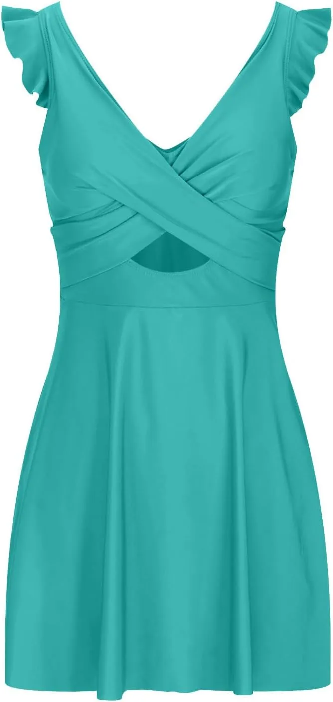 NATHGAM One Piece Swimsuit Women Wrap Vneck Tummy Control Swimsuits Cutout Ruffle Pleated Skirt Bathing Suit 1 Piece Swimwear