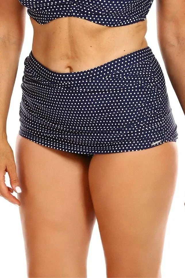 Navy & White Dots Vintage Ruched Skirted Swim Bikini Bottoms