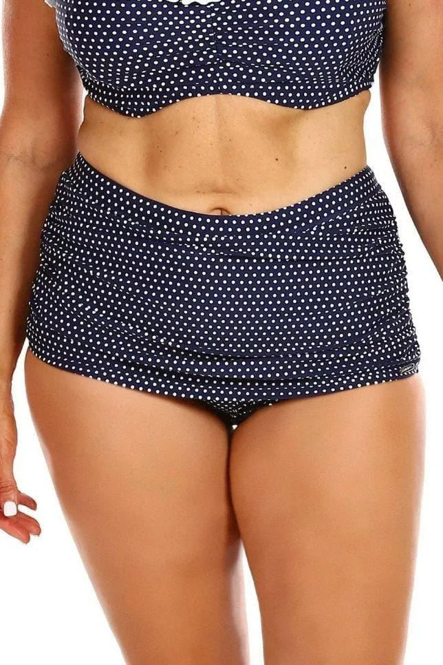 Navy & White Dots Vintage Ruched Skirted Swim Bikini Bottoms