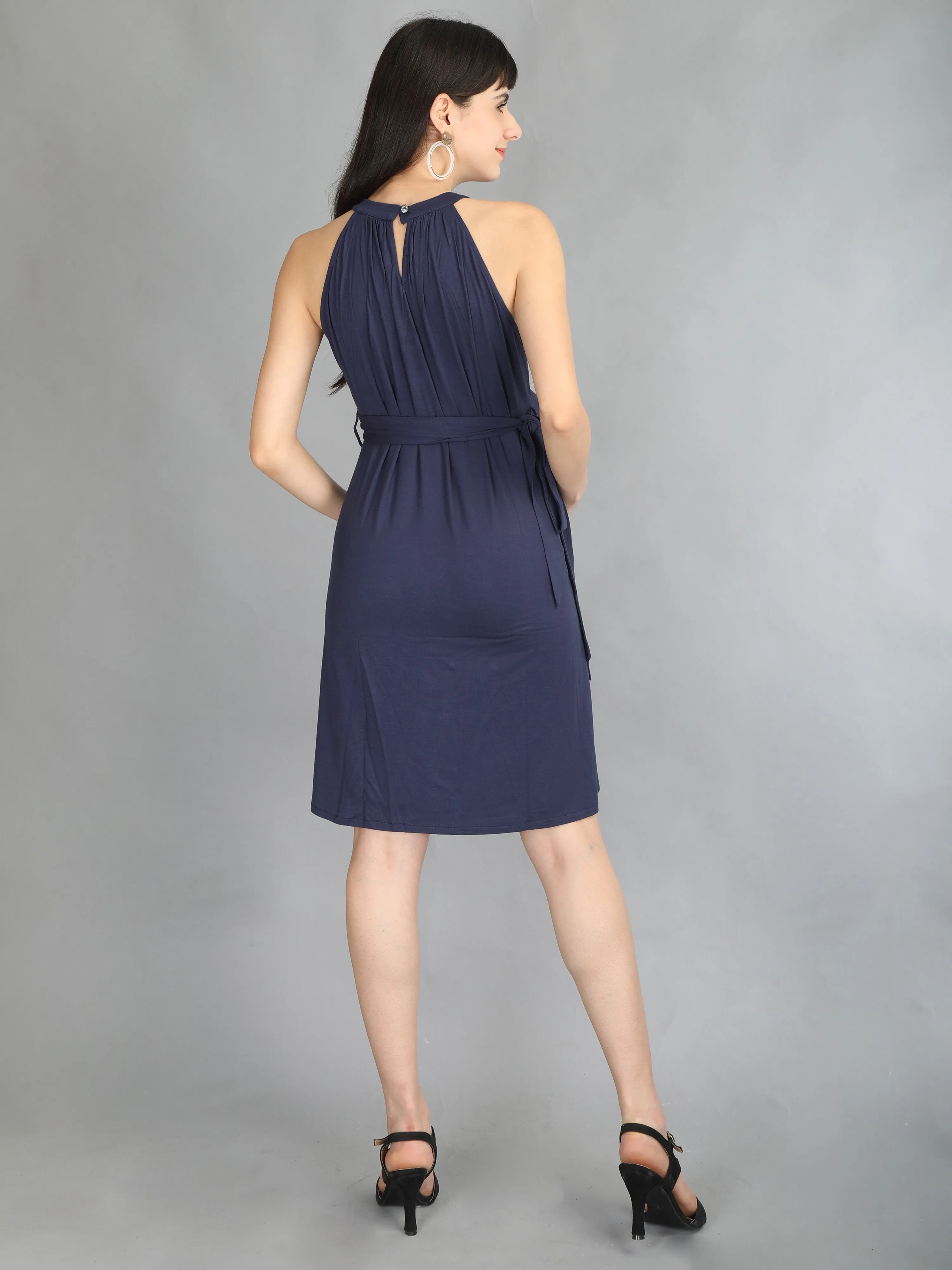 Navy Blue Halter Neck Maternity Dress