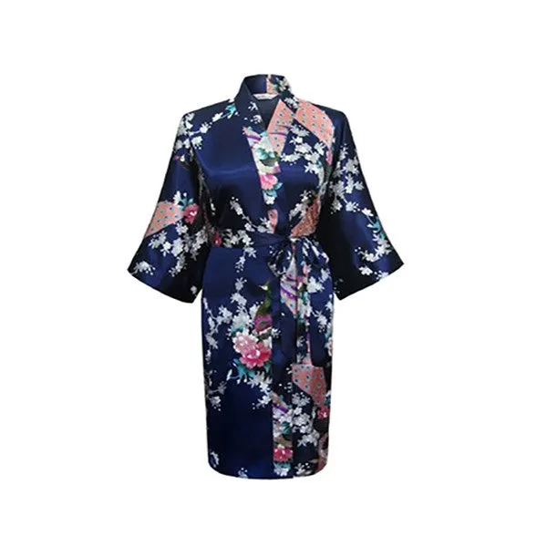 Navy Blue Silk Kimono Womens Robe