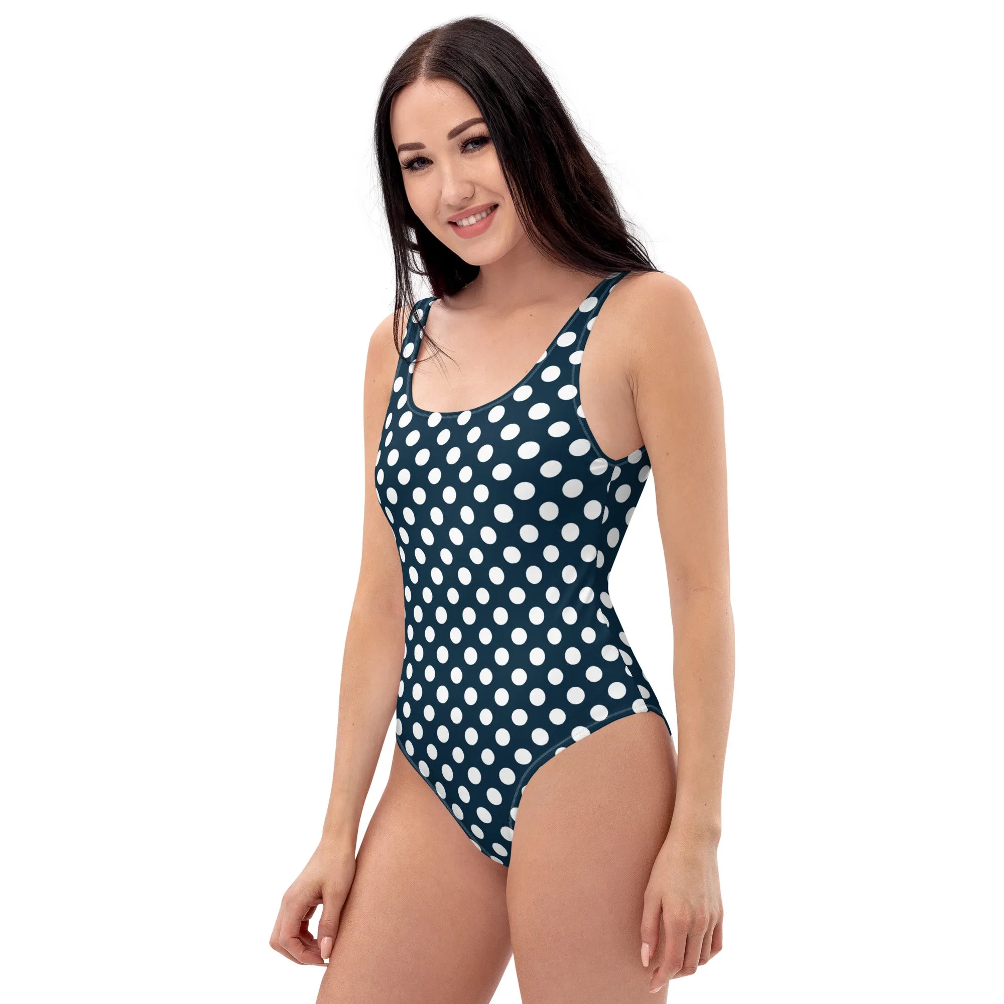 Navy Blue with White Polka Dots One-Piece Swimsuit