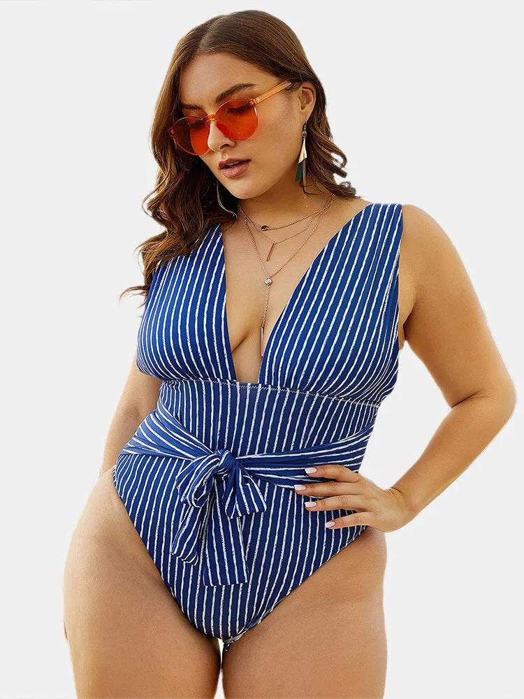 Navy Striped Backless Deep Necklines High Leg Swimwear One Pieces