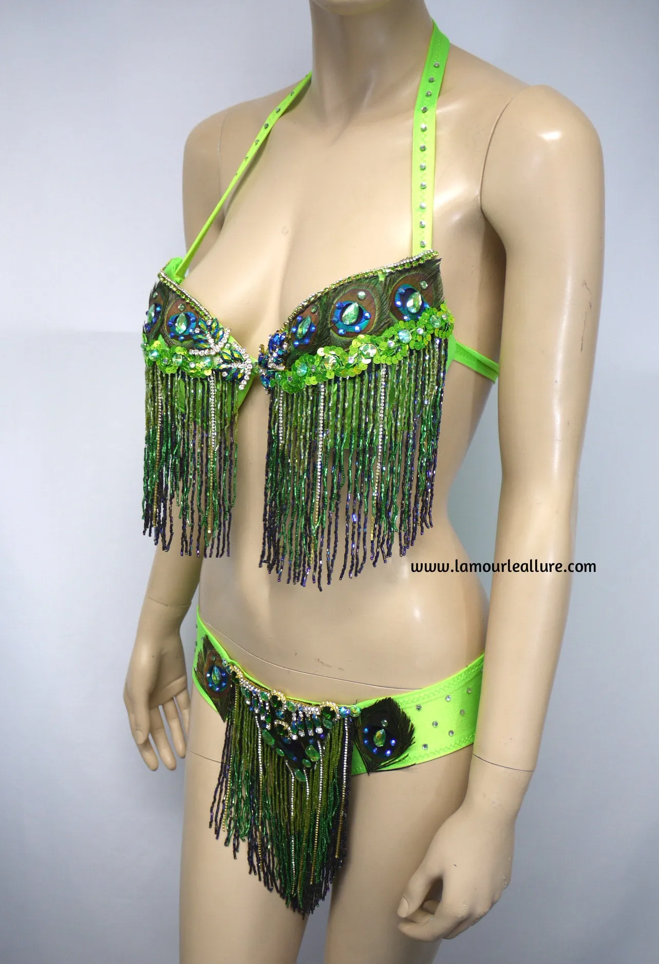 Neon Peacock Feather Beaded Bikini Dance Costume Halloween Show Girl