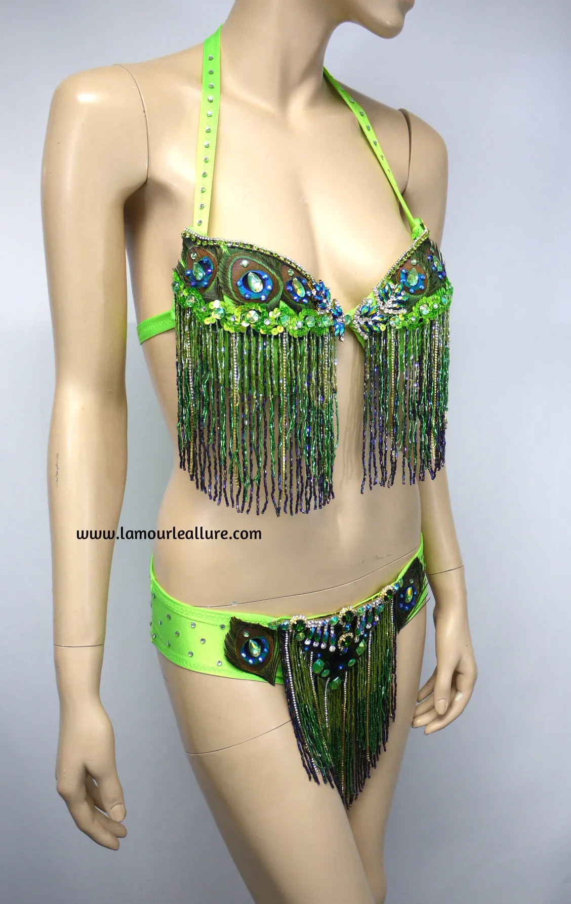 Neon Peacock Feather Beaded Bikini Dance Costume Halloween Show Girl