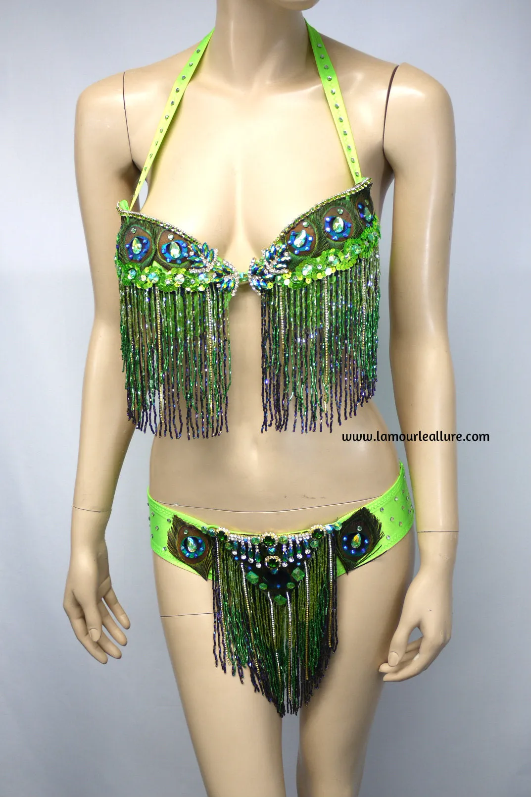Neon Peacock Feather Beaded Bikini Dance Costume Halloween Show Girl