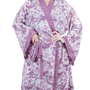 New Luxury Silk Boho Kimono House Robe - Purple White Paisley