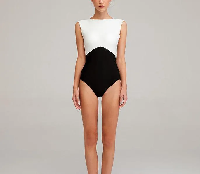 New Solid Color Black and White Stitching Bikini One-piece Triangle Swimsuit