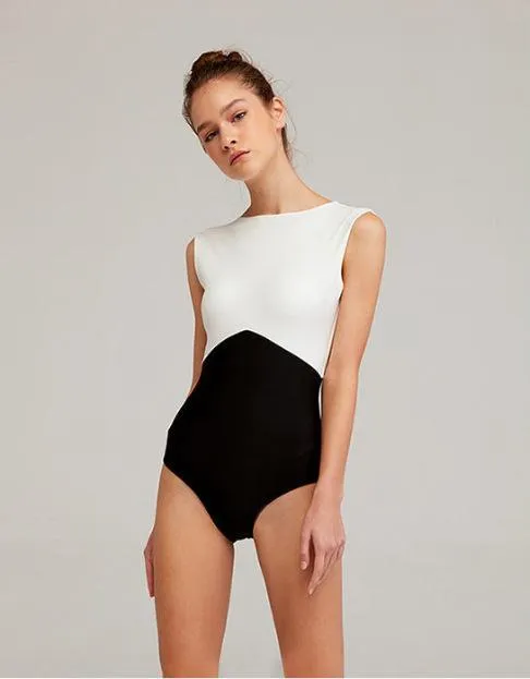 New Solid Color Black and White Stitching Bikini One-piece Triangle Swimsuit
