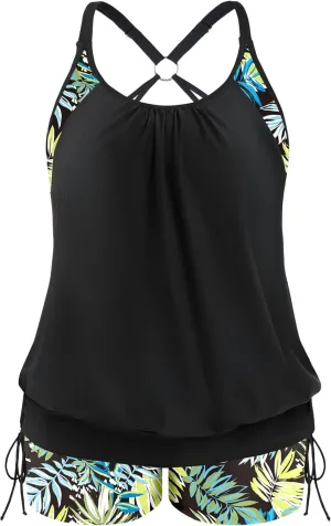NIeyook Plus Size Swimsuit for Women 2 Piece Tummy Control Bathing Suit 2025 Tankini Set with Shorts Drawstring Swimwear