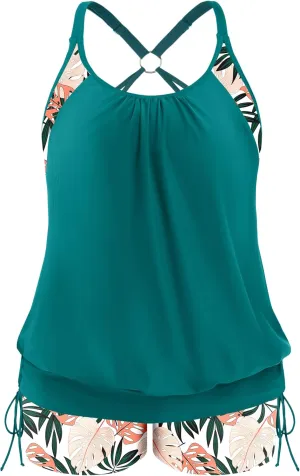 NIeyook Plus Size Swimsuit for Women 2 Piece Tummy Control Bathing Suit 2025 Tankini Set with Shorts Drawstring Swimwear