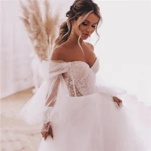 NumberSea 2022 Boho Wedding Dresses Detachable Long Puff Sleeve Bride Dress Vintage Lace Beach Wedding Gowns Plus Size Corset Back Sweet