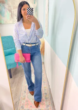 'Ocean Breeze' White & Blue Stripe Button Up Shirt
