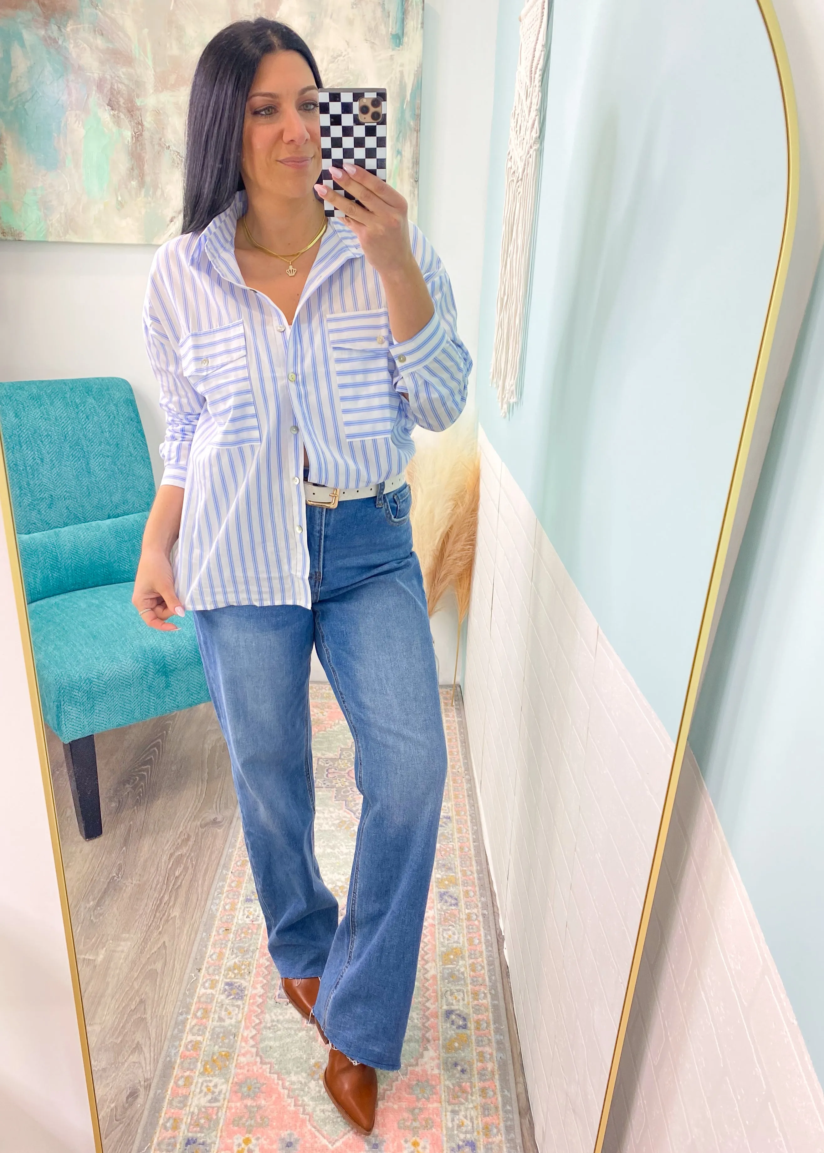 'Ocean Breeze' White & Blue Stripe Button Up Shirt
