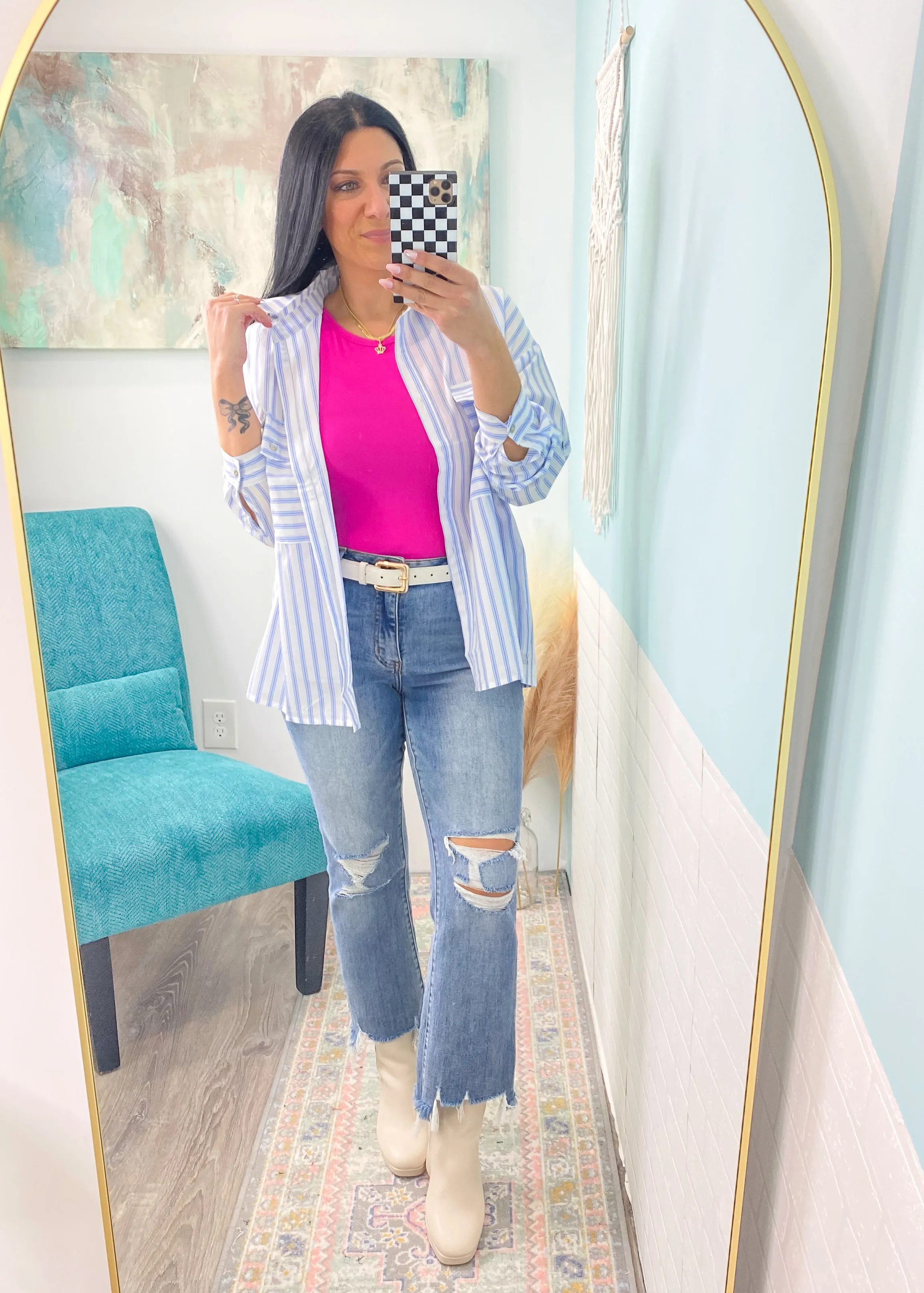 'Ocean Breeze' White & Blue Stripe Button Up Shirt