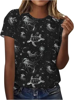 Ocean Wildlife Sea Turtle Graphic T-Shirt Women Vintage Animal Print Shirt Hawaiian Summer Beach Tee Vacation Tops