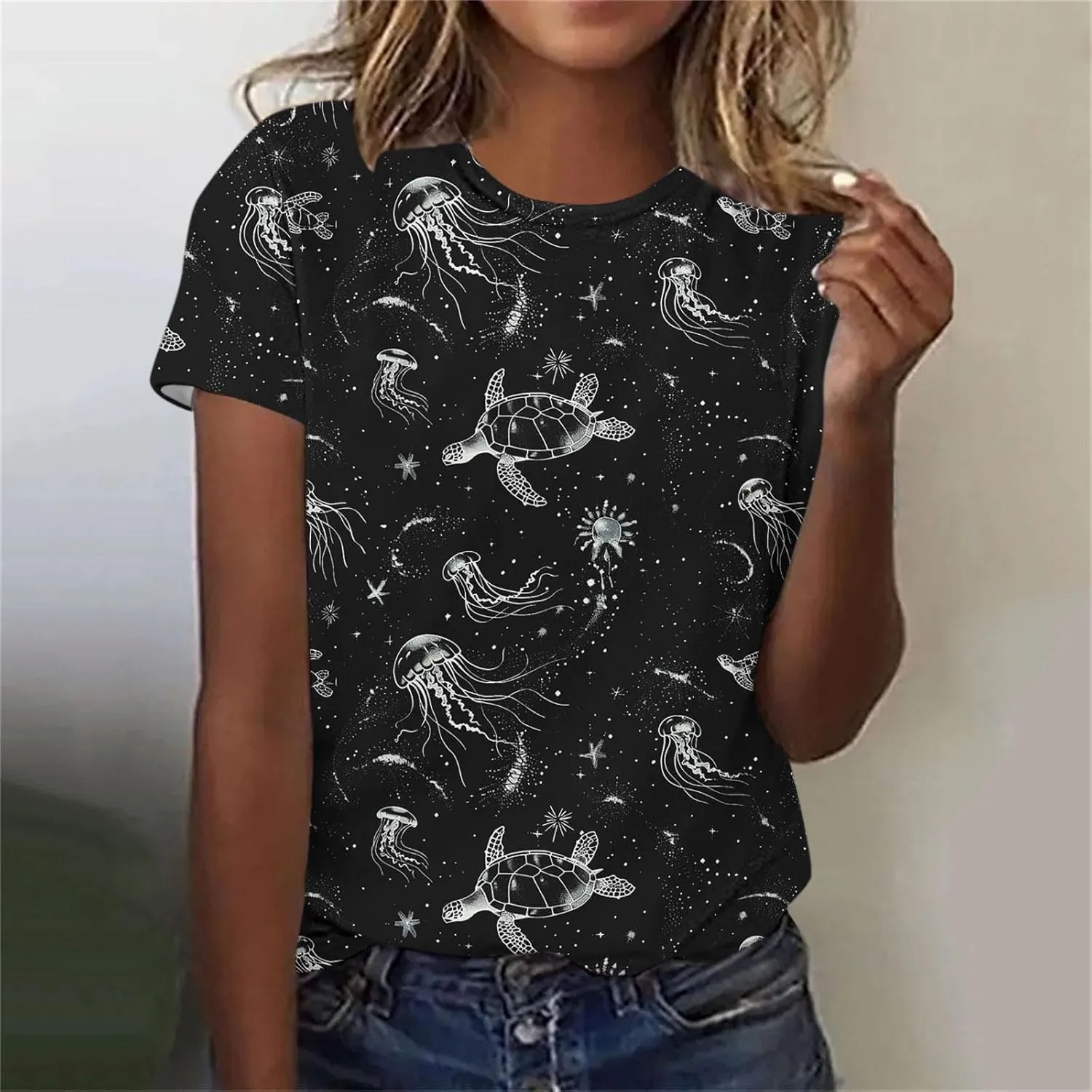 Ocean Wildlife Sea Turtle Graphic T-Shirt Women Vintage Animal Print Shirt Hawaiian Summer Beach Tee Vacation Tops