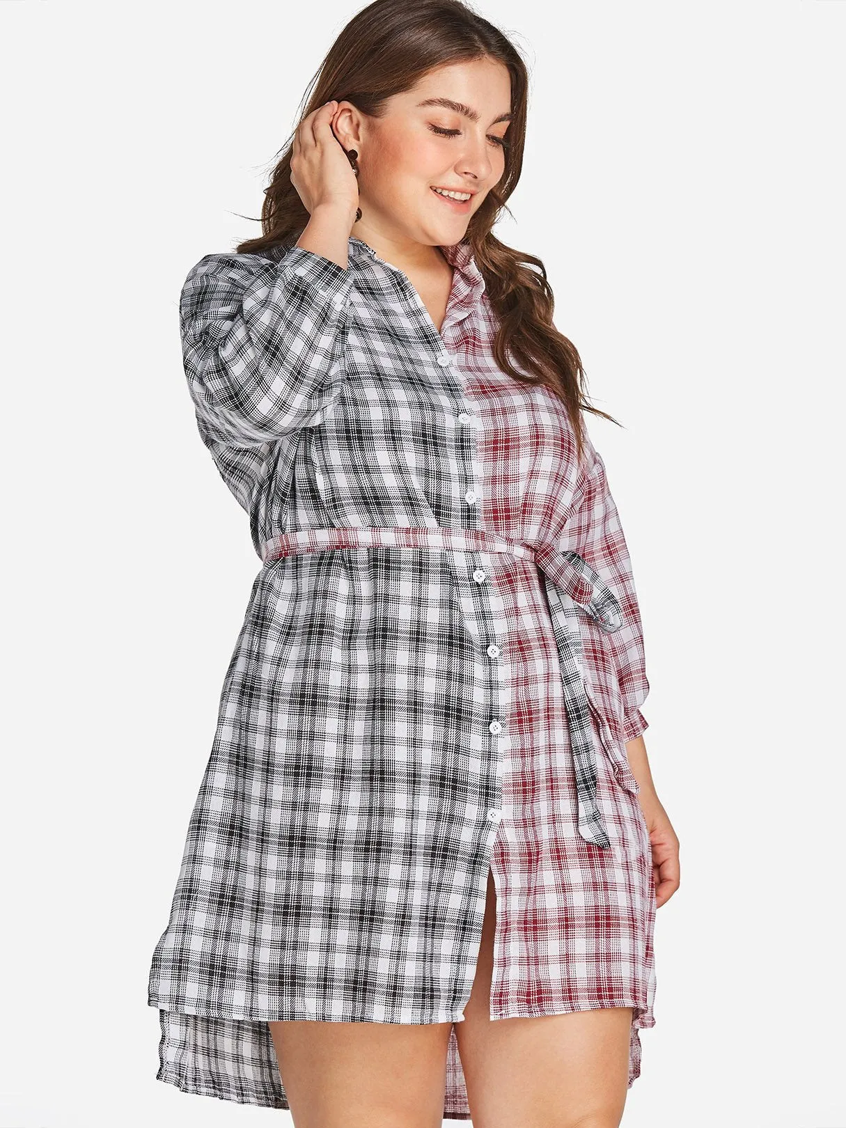 OEM ODM Classic Collar Grid Long Sleeve Curved Hem Plus Size Dress