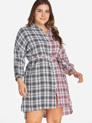 OEM ODM Classic Collar Grid Long Sleeve Curved Hem Plus Size Dress