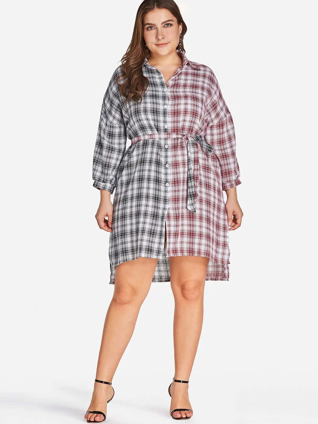 OEM ODM Classic Collar Grid Long Sleeve Curved Hem Plus Size Dress